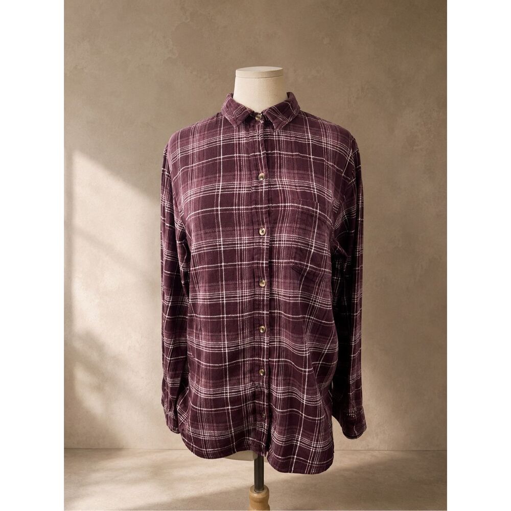 Sonoma Sz M Plaid Flannel Button Front Shirt Maroon Burgundy Cotton